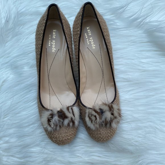 Kate Spade Tweed Fur Pump Heels Tan Khaki - Picture 3 of 8